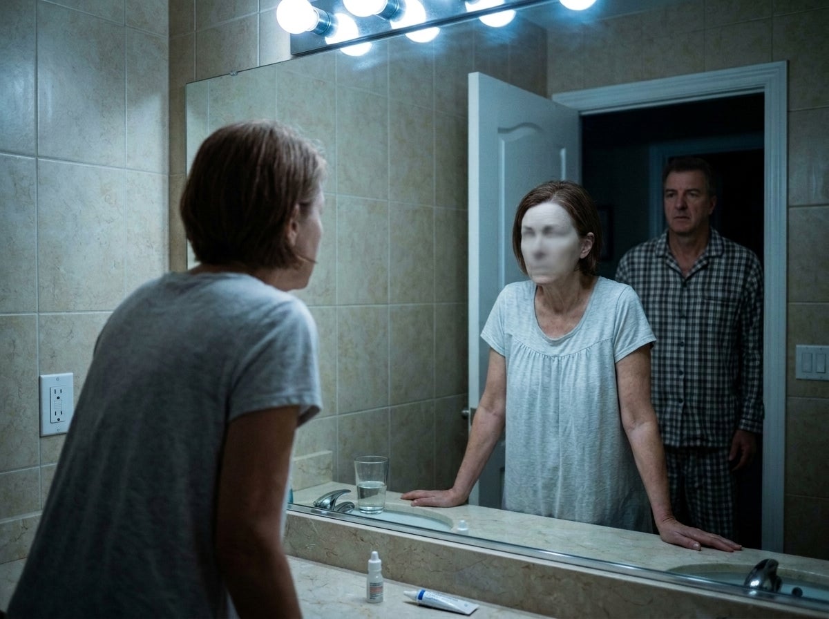 Una donna si guarda allo specchio del bagno di notte, con il marito sulla porta