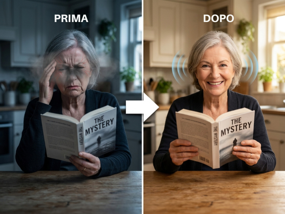Una donna prima e dopo il Protocollo di Ripristino della Vista: da occhi stanchi e vista offuscata a un sorriso leggendo di nuovo